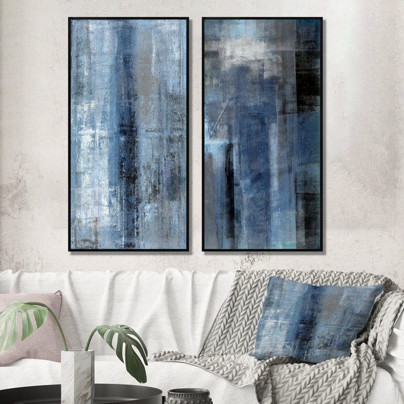 Art mural abstrait bleu gris, ensemble de 2 toiles - Le bleu rencontre l'art abstrait gris, H 40 po x l 40 po, Noir