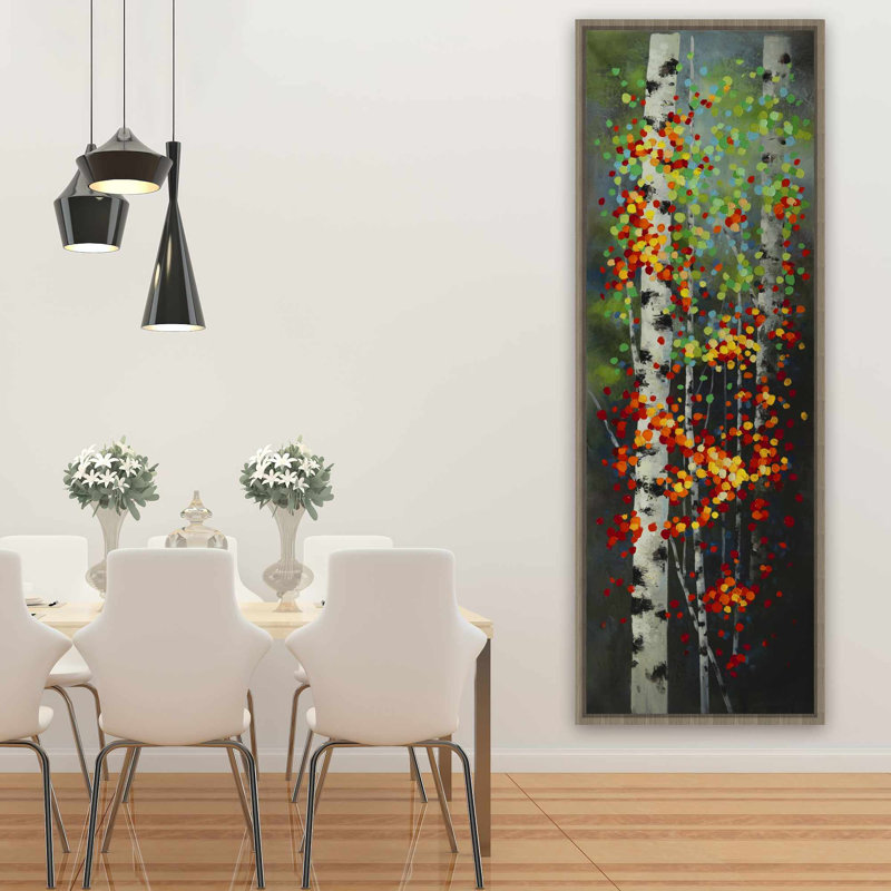 Feuilles colorées avec bouleaux - toile verte encadrée, H 61,25 po x l 21,25 po