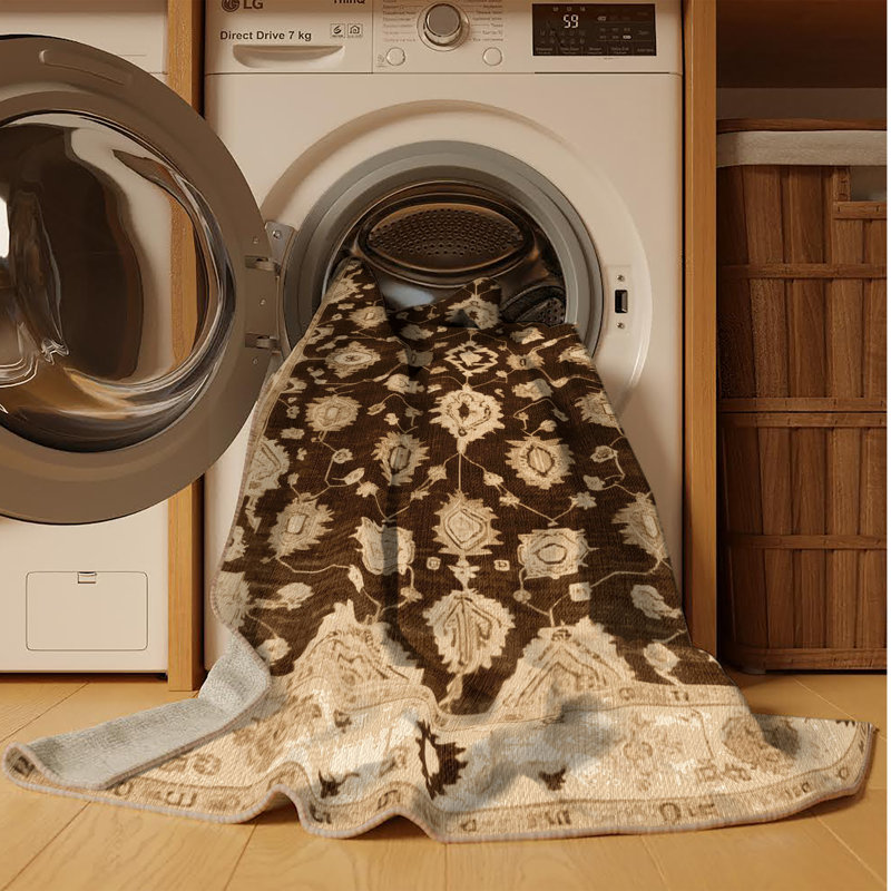 Machine Washable Overdyed Brown Area Rug, Round 6'