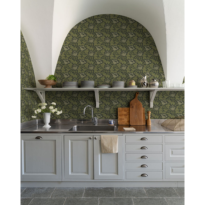 Anemone Floral Wallpaper Roll, Dark Green