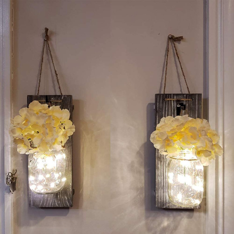 2-Pack Rustic Wall Sconces with Mason Jars, LED Lights, Flowers, Hangers, Gray