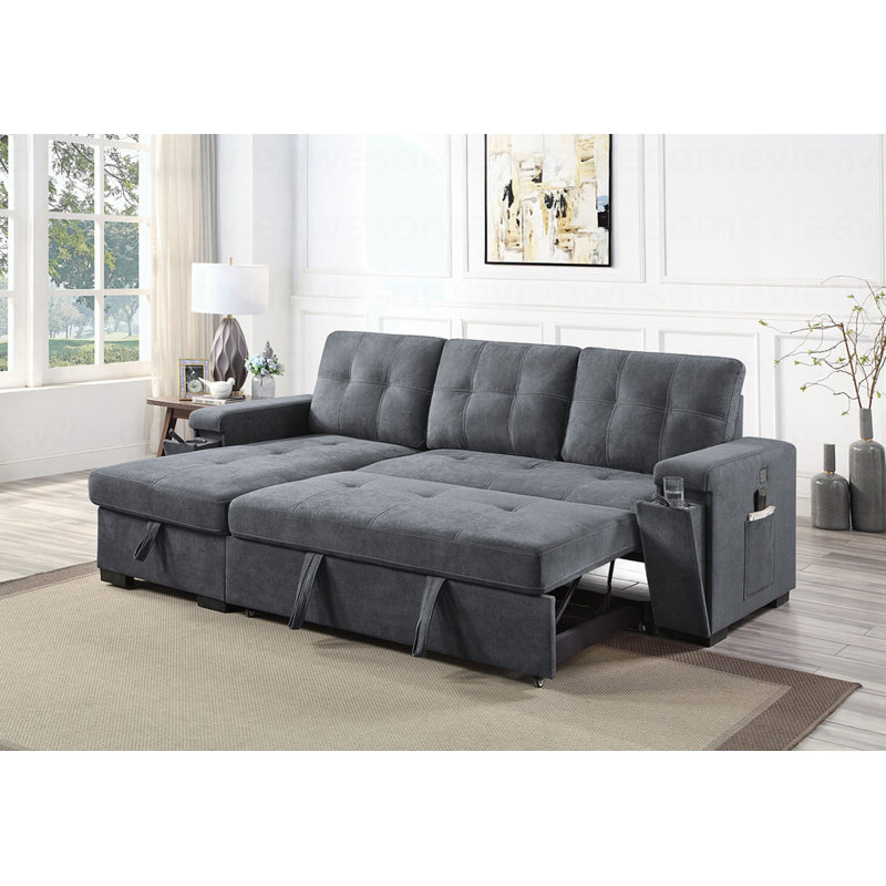 Modern 95"W Gray Woven Fabric Reversible Sleeper Sectional Sofa With Storage Chaise Cup Holder Charging Ports And Pockets