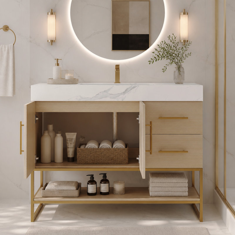 Freestanding Standard Free Standing Single Double Single Vanity Bathroom Vanity With Stone Top, Gold,Walnut,White