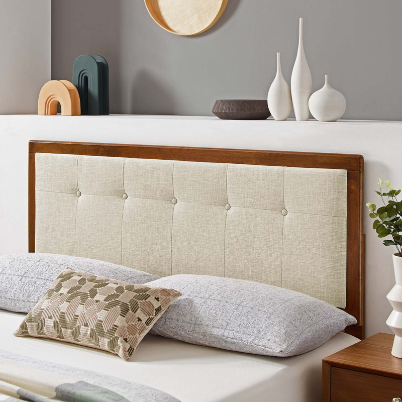 Draper Tufted Fabric and Wood Headboard, Queen, Walnut/Beige