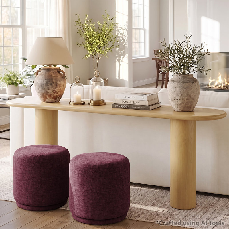 Ensemble de console 70 po en chêne avec 2 repose-pieds ronds rembourrés, Chêne, Wine