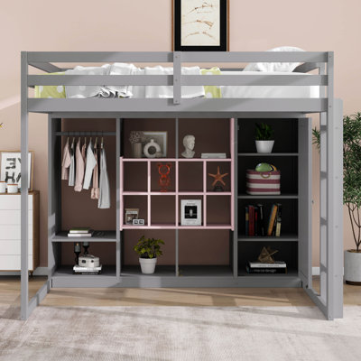 Full Size Wood Loft Bed With Wardrobe & Cabinet, Space-Saving Multi-Storage Bed Frame With Open Shelves