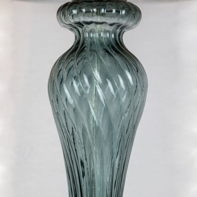 Windsor 25" Contemporary Glass Table Lamp In Clear Turquoise Glass With Off-White Linen Shade And Polished Nickel Accents From Grandview Gallery By  - Set Of 2