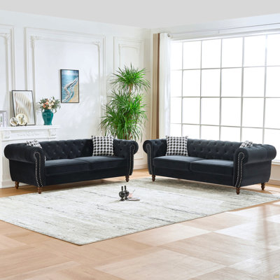 3+3 Seater Chesterfield ‌Velvet Upholstery Fabric Sofa With Roll Armrest & Nailhead