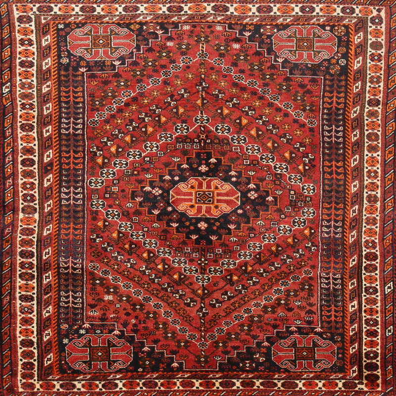 Tapis traditionnel rouge / beige / noir, Carré 4 pi