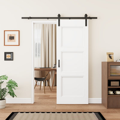 Pre-Assembled Door, 80''H 3-Panel Sliding Barn Door White Surface Paintable Manufactured Wood Bathroom Closet Doors(Included Soft Close)
