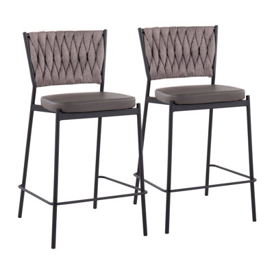 Ensemble de 2 tabourets de bar tressés - Structure en métal noir avec revêtement en similicuir gris et tissu brun clair