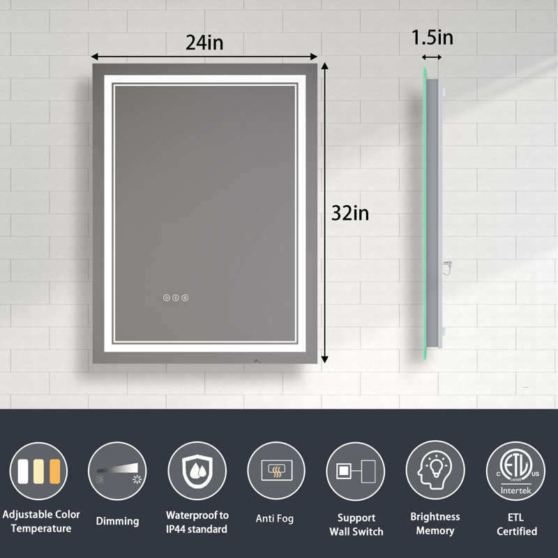Miroir de salle de bain à DEL à intensité variable avec fonction de désembuage, 32 po x 24 po, Rectangle