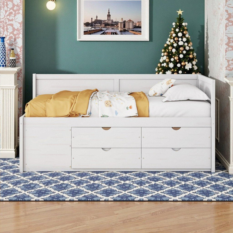 Dormal Full Size Daybed With Pull-Out Drawers And Shelves, Solid Wood Storage Platform Bed, Full, White