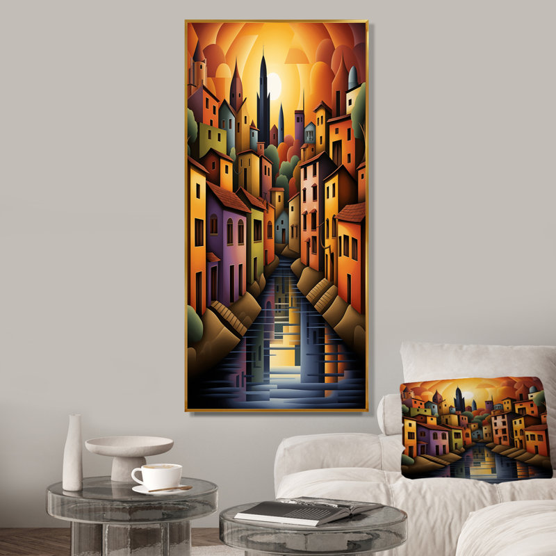 Popart, Italie, paysage, bateau côtier, art mural, Cadre flottant doré, 32" H x 24" W