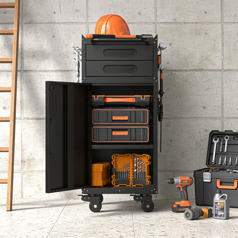 Armoire à outils en métal, organisateur de rangement de garage robuste avec portes verrouillables, établi mobile à panneaux latéraux perforés pour garage