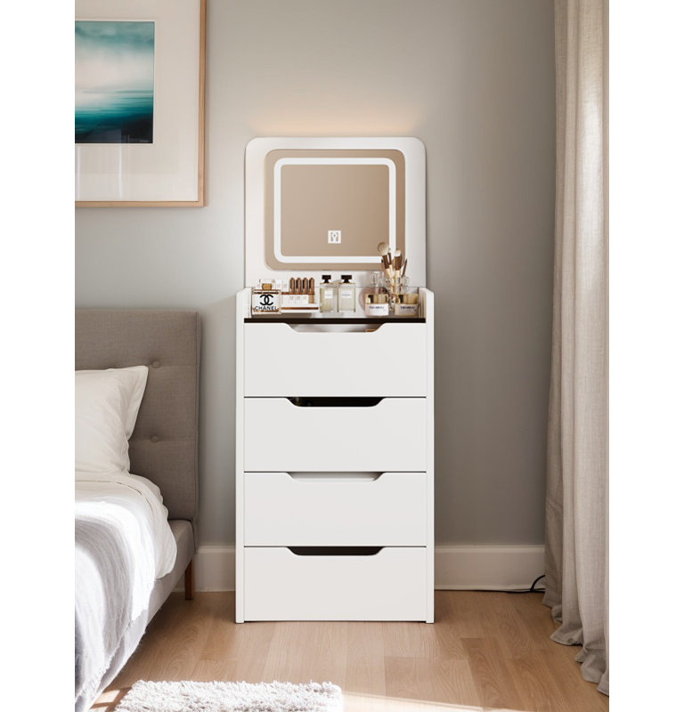 48 po Meuble-lavabo avec miroir rabattable, petit ensemble de coiffeuse avec bureau en verre et 3 tiroirs, coiffeuse pour chambre à coucher, blanc | Idée de cadeau
