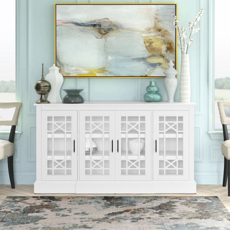 Andrine Buffet Sideboard with Decorative Glass Cabinet Doors, Brilliant White