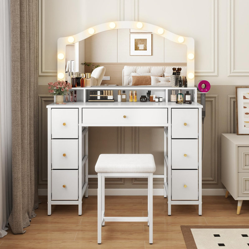 Deogilde Dressing Table with 10 LED Bulbs, Large Tabletop Makeup Vanity Desk with 7 Fabric Drawers, Stool