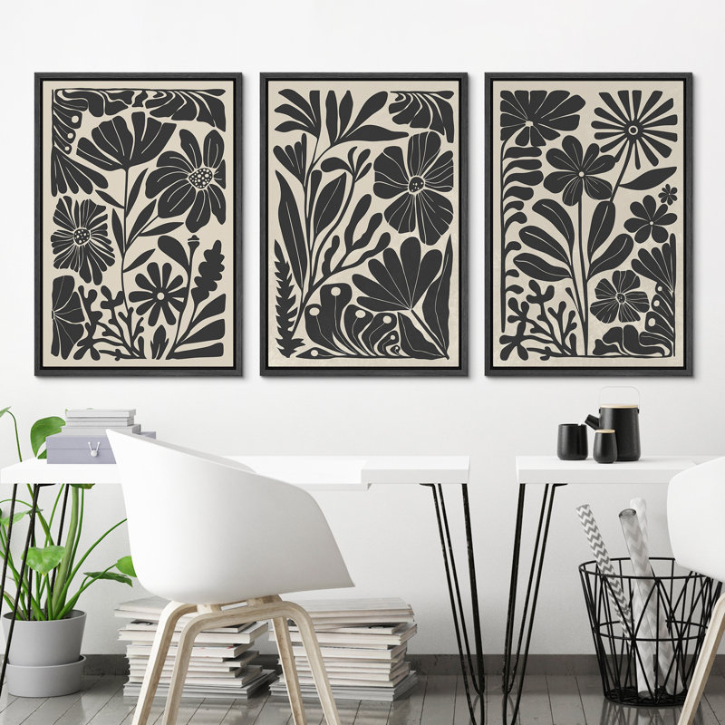 Abstract Botanical "Boho Black And Beige Floral Artwork, Mid-Century Modern Living Room Wall Pictures, Framed Canvas Giclée Print 3 Pieces Wall Art" 16"x24"x3 pcs, 24"x36"x3 pcs, 20"x60"x3 pcs