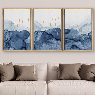 " Blue Yellow Watercolor Landscape Shape Abstract Illustration Modern Decor Relax Calm Chic " 3 - Pieces