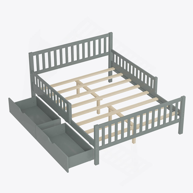 Lit plateforme double en bois avec garde-corps sur les deux côtés et deux tiroirs de rangement spacieux, parfait pour un sommeil confortable et l'organisation de la chambre à coucher