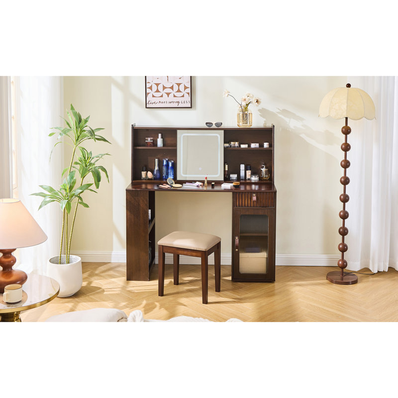 Elegant makeup vanity desk with 3 modes Adjustable Lighted Mirror,modern dressing table set with large shelves, drawer and canbinet,Walnut