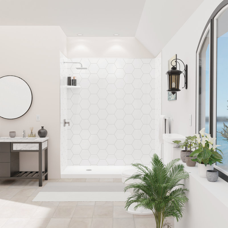 Flexstone Flexstyle 60"W X 36"D X 80"H White/Gray Hexagon Shower Wall Surround With Trim (3-Piece), Nickel
