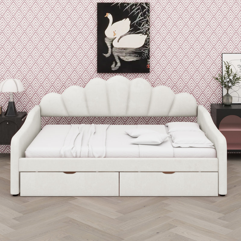 Lit de jour chic avec tête de lit incurvée et tiroirs de rangement dissimulés, Beige