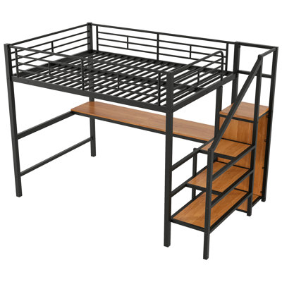 Full Size Metal Loft Bed with Desk, Storage Staircase and Small Wardrobe, Storage stairs can be installed left and right