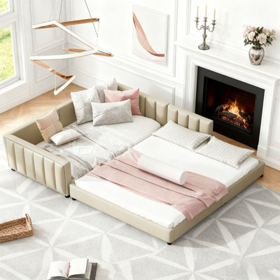 Queen Size & Twin XL Size Upholstered Platform Bed, Mother & Child Bed, PU Leather