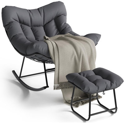 Oversized Lounge Chair with Ottoman, Outdoor Rocking Chair with Sturdy Metal Frame and Rattan Design for Balcony, Backyard, Porch and Bedroom