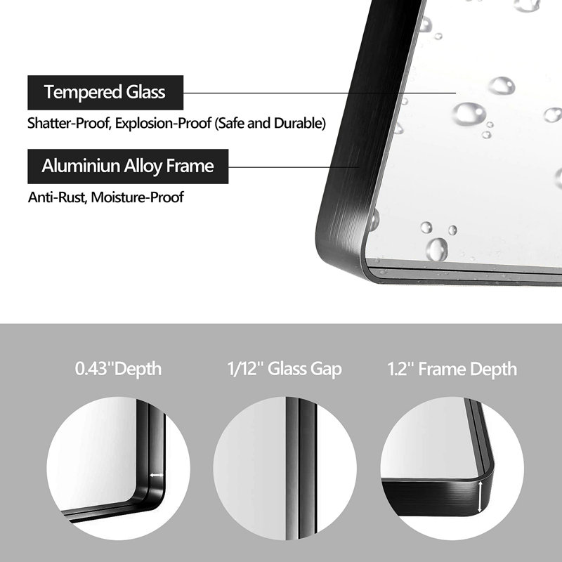 40X30 Inch Black Aluminium Frame Bathroom Mirror, Black, Rectangle, 40.14" x 30.14"