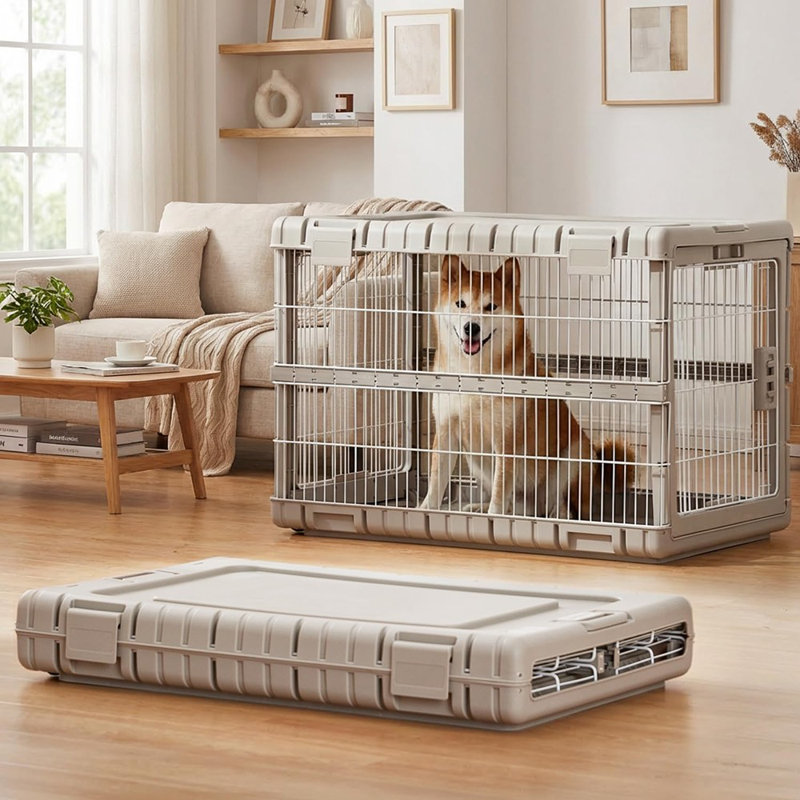 Cage pliable pour chien - Grande race, cage en acier robuste, utilisation à l'intérieur, conception pliable avec 2 roues lisses, finition beige
