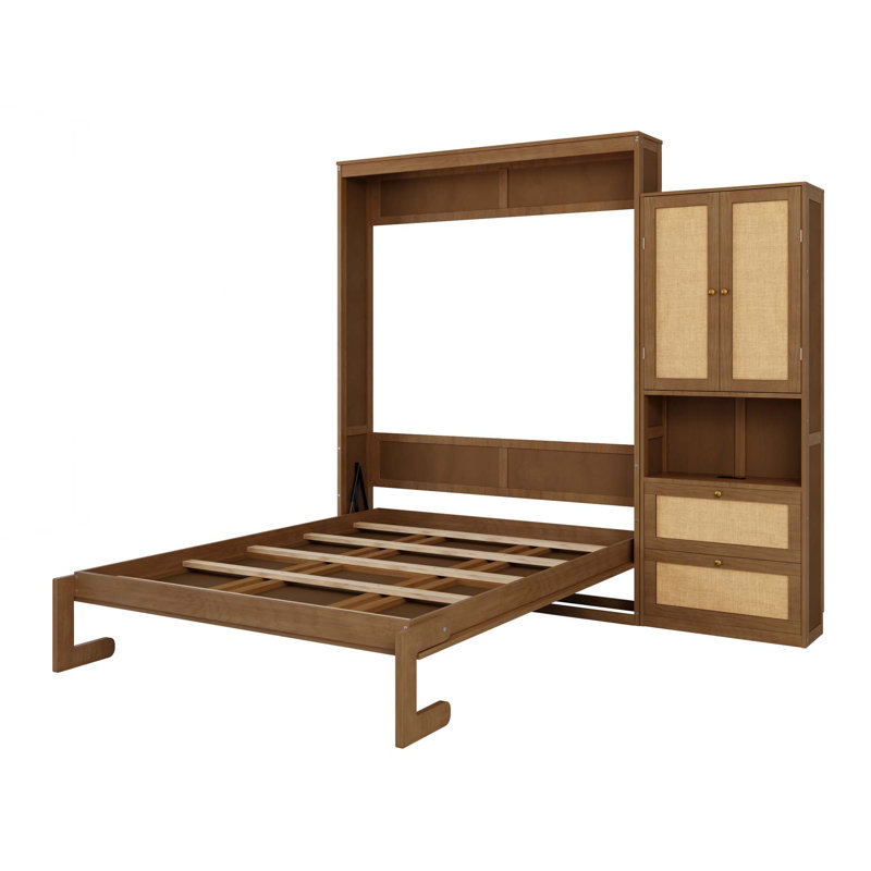 Lit escamotable en bois massif avec tablette de rangement en rotin, Double , Noyer