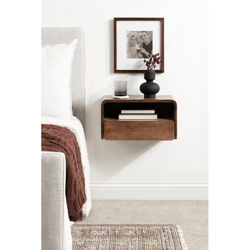 Langley Mango Floating Shelf with Drawer, Walnut