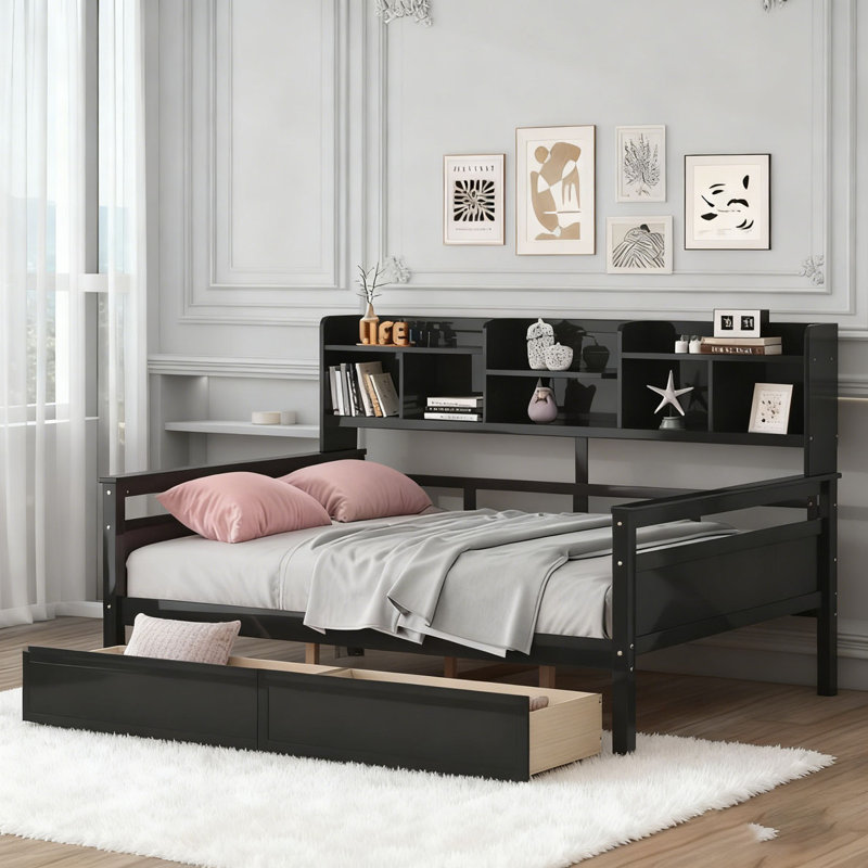 Daybed, Wood Slat Support, with Bedside Shelves and Two Drawers, Full/Double, Espresso