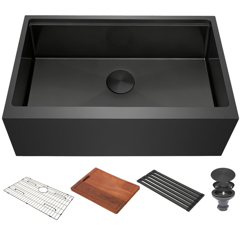 Workstation Black Farmhouse Apron Front Kitchen Sink Undermount 16 Gauge Stainless Steel Single Bowl With Accessories