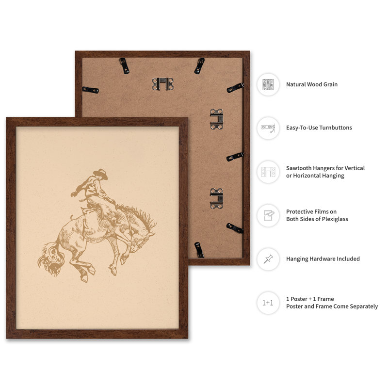 Cowboy beige chevauchant un cheval sauvage, Poster, 11"H x 14"W, Brown Framed