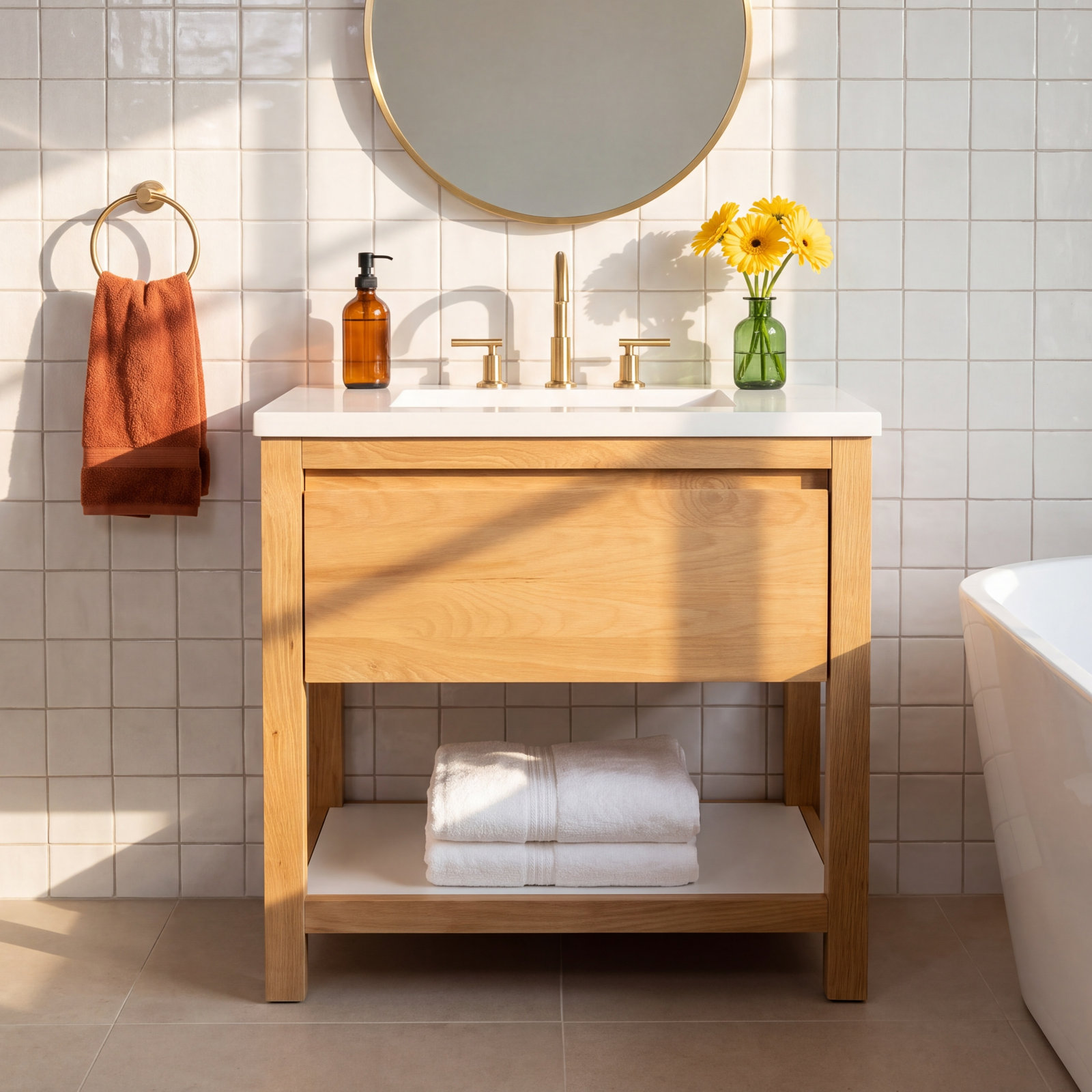 Solace 31" Single Bathroom Vanity, Pearl, Pearl, Sunrise Oak