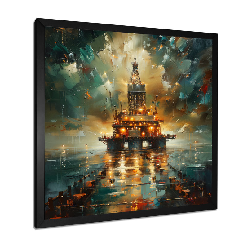 Décoration murale verte et noire «Oil Offshore Drill», Toile encadrée noire simple, H 16 po x l 16 po x P 1 po
