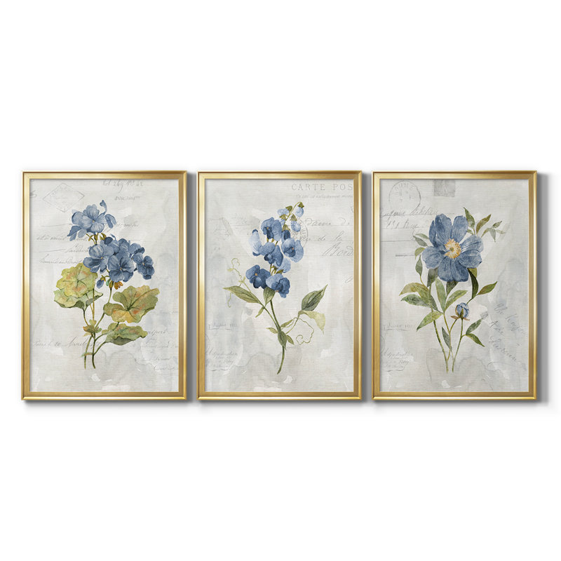 Lin bleu géranium - Toile tendue avec châssis sur mesure - 3 pièces, H 27 po x l 39 po, Doré