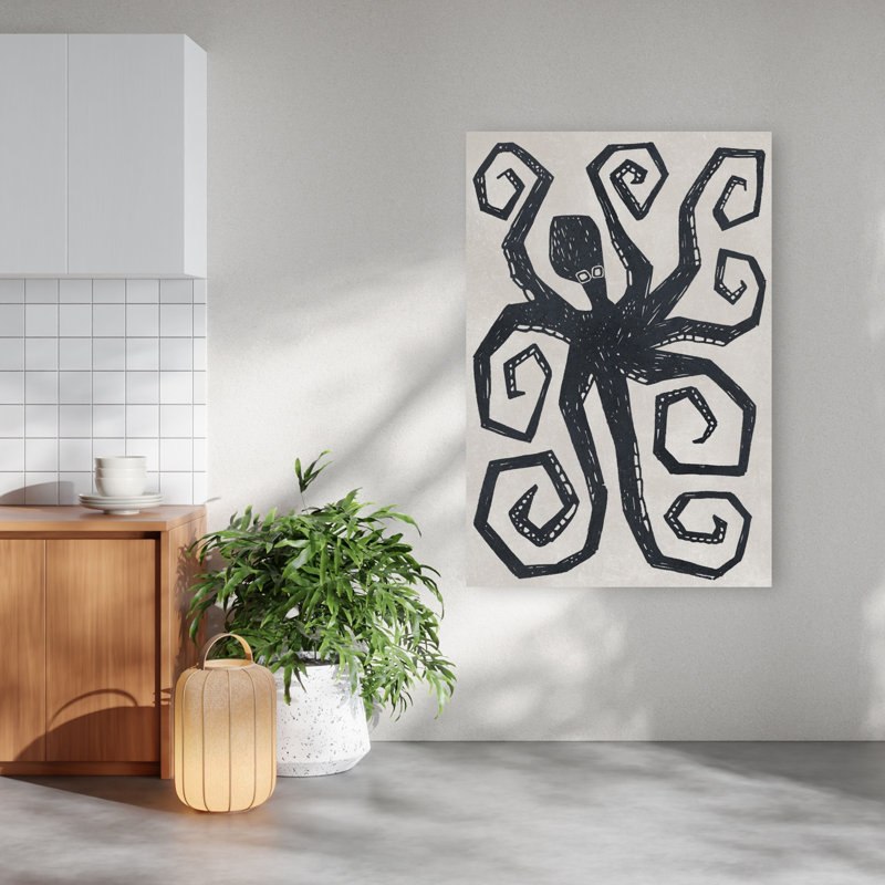 «Bold Black Octopus», impression abstraite audacieuse sur fond de pieuvre contemporaine, océan, 60" H x 40" W