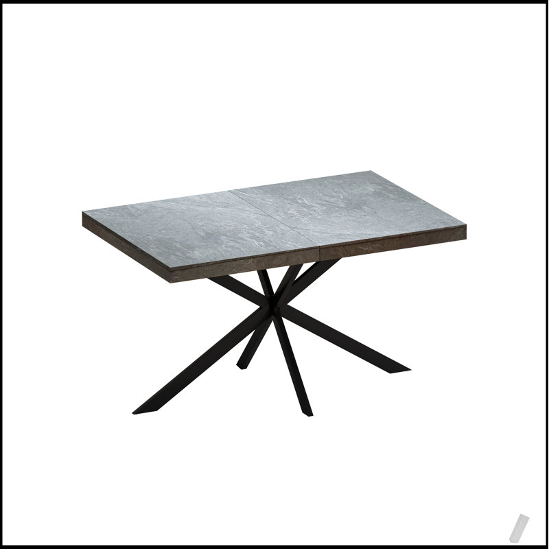 Table de salle à manger rectangulaire réglable avec plateau en pierre gris foncé, plaque en relief noire et base en fer, boîte de rangement incluse