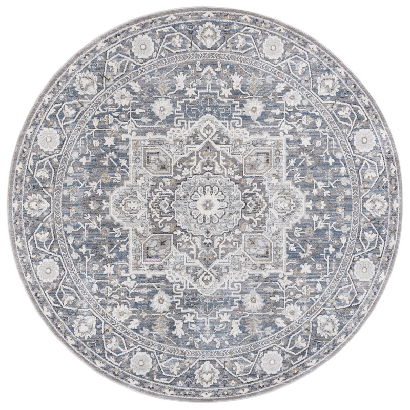 Oriental Area Rug in Grey / Blue, Round 6'7", Blue