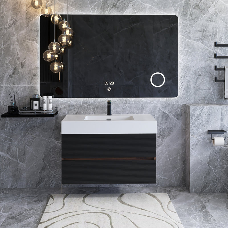 Meuble-lavabo mural moderne avec lavabo à surface solide et tiroirs, Blanc, 36"