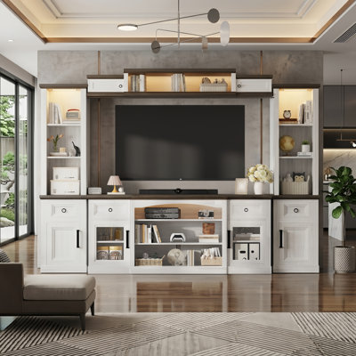 4-piece Farmhouse Tv Entertainment Center With 70" Wall Mounted Floating Cabinet, Bookshelf And Tv Stand, Adjustable Shelving, Transparent Doors & Motion-sensing Led Lighting For 75 Inch Tvs, Ideal For Modern Living Rooms And Wine Cabinet Display Cabinet