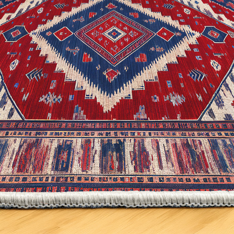 Boxton Collection Digital Print Cotton-Polyester Red Navy Boxtoncan Rug, Square 6'7"
