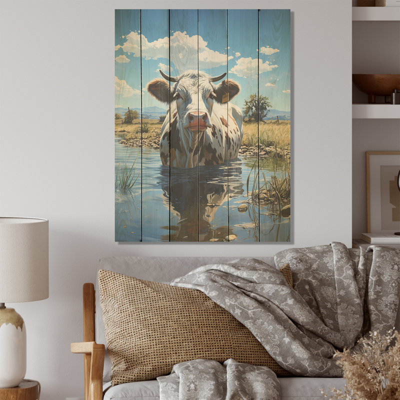 «Cow in Tranquil Pasture» - Art mural en bois de vache sur bois de pin naturel, H 20 po x l 10 po