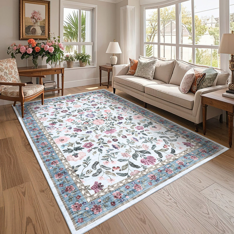 Washable Rugs Non Slip Area Rugs for Bedroom,Farmhouse Floral Carpets for Hallway,Dining Room,Bathroom,Nursery, Tan
