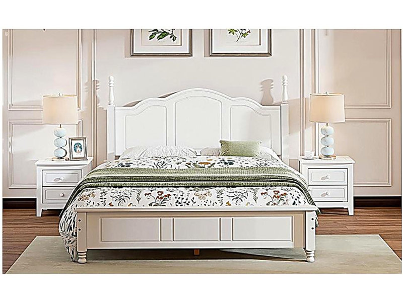 Structure de lit plateforme en bois, lit plateforme de style rétro avec support de traverse en bois, Blanc